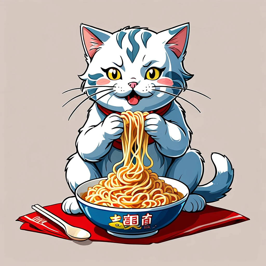 Cat eating instant noodles, manga comics style illustration, oversimplified, simple background