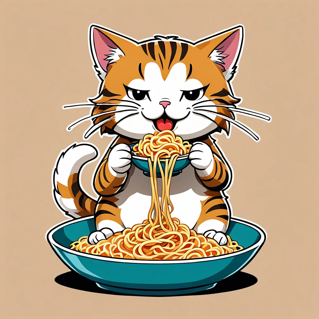 Cat eating instant noodles, manga comics style illustration, oversimplified, simple background