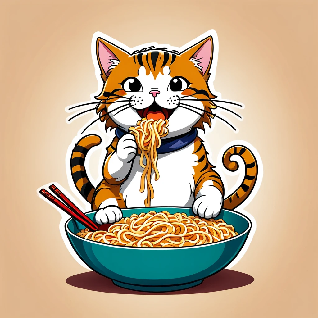 Cat eating instant noodles, manga comics style illustration, oversimplified, simple background