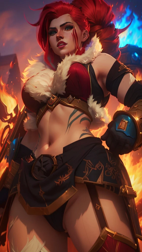 a close up of a woman with a sword and a fire in the background, alexstrasza, extremely detailed artgerm, miss fortune, brigitte from overwatch, katarina, miss fortune league of legends, brigitte, deviantart artstation cgscosiety, inspired by rossdraws, redhead queen in heavy red armor, wlop and rossdraws