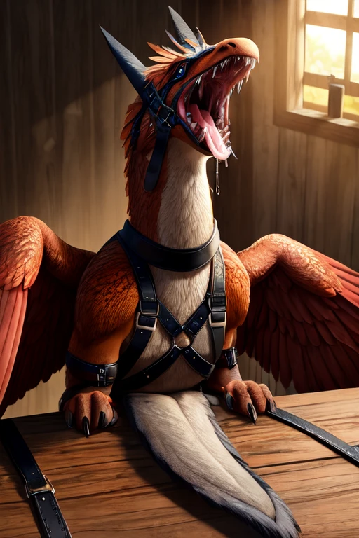 Tiny Dead, feathered wyvern body laying on the table. Wings spread out and Strapped to the table with leather straps. Mouth wide open with no teeth and fangs and tooth. Milk dripping out of mouth splattering onto the table. Milk inside mouth. Photorealistic. Head tied down to the table. Leather harness on head