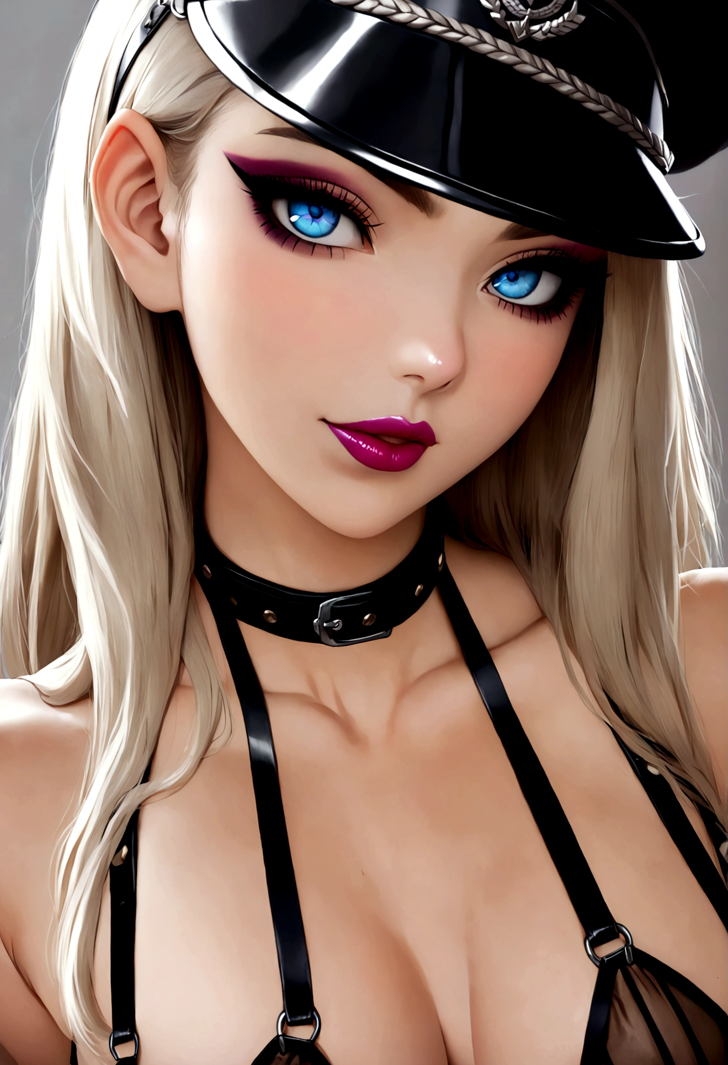 Create an image of the most stunningly beautifully WWII German girl SS elite Officer, Stunningly gorgeous beautiful perfect face, long luscious eyelashes, black eyeliner, perfect makeup, lipstick, vibrant sapphire eyes, perfect smooth skin, long platinum blonde hair, bdsm lingerie, seductive pose, WWII German SS Elite Officer HAT Officer Army leather Visor Crusher Cap Black,