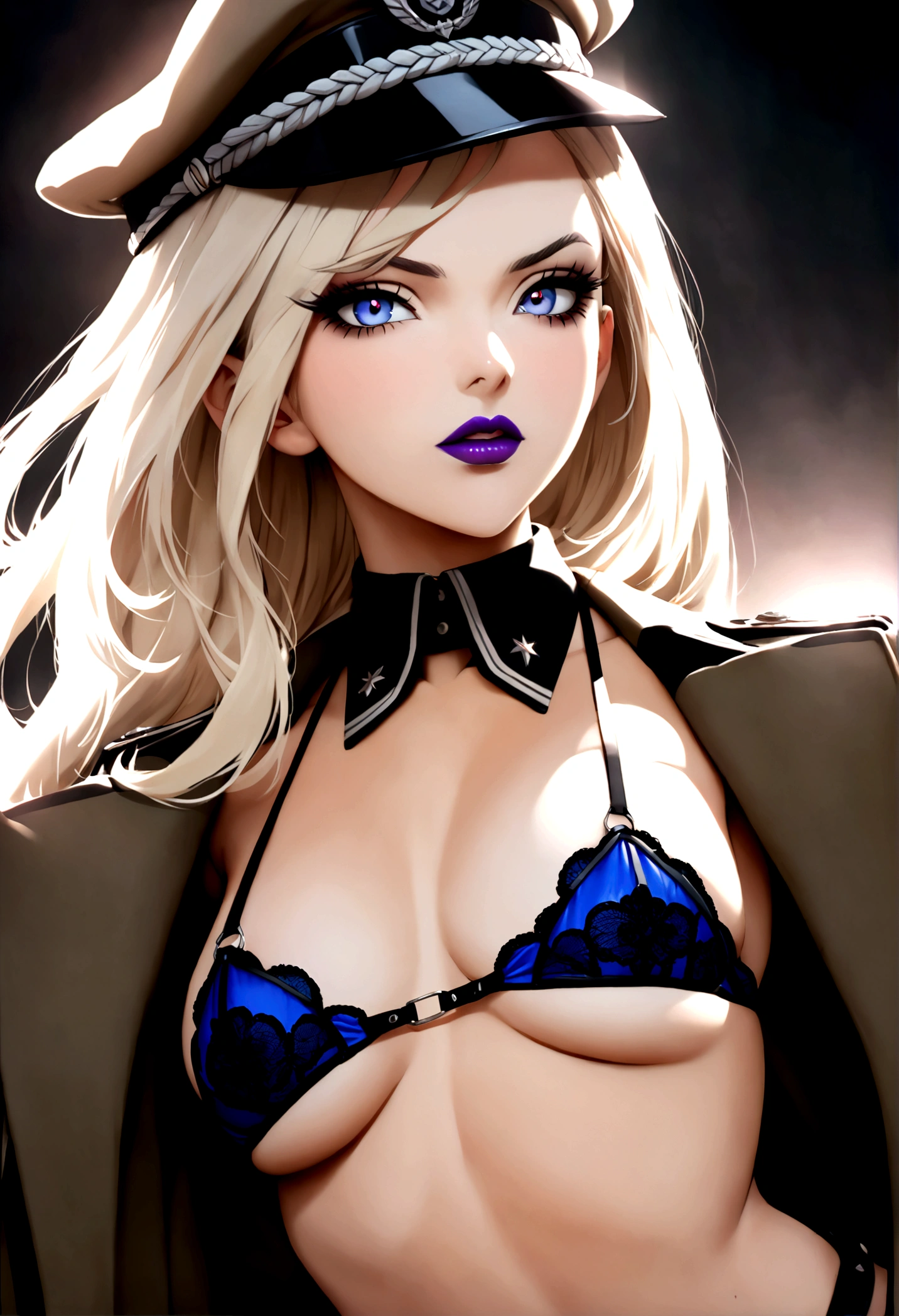Create an image of the most stunningly beautifully WWII German girl SS elite Officer, Stunningly gorgeous beautiful perfect face, long luscious eyelashes, black eyeliner, perfect makeup, lipstick, vibrant sapphire eyes, perfect smooth skin, long platinum blonde hair, bdsm lingerie, seductive pose, WWII German SS Elite Officer HAT Officer Army leather Visor Crusher Cap Black,