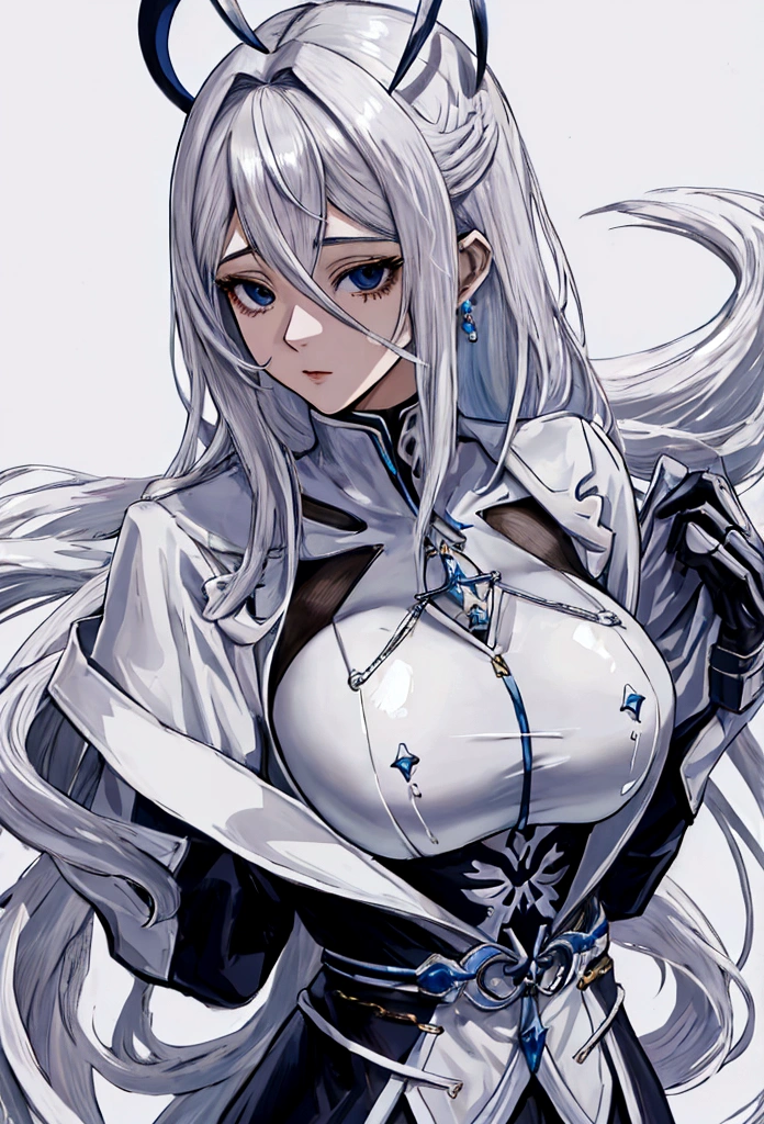 mulher de anime, cabelos brancos com pontas azuis, vestes azuis com branco, estilo atack on titan, hentai