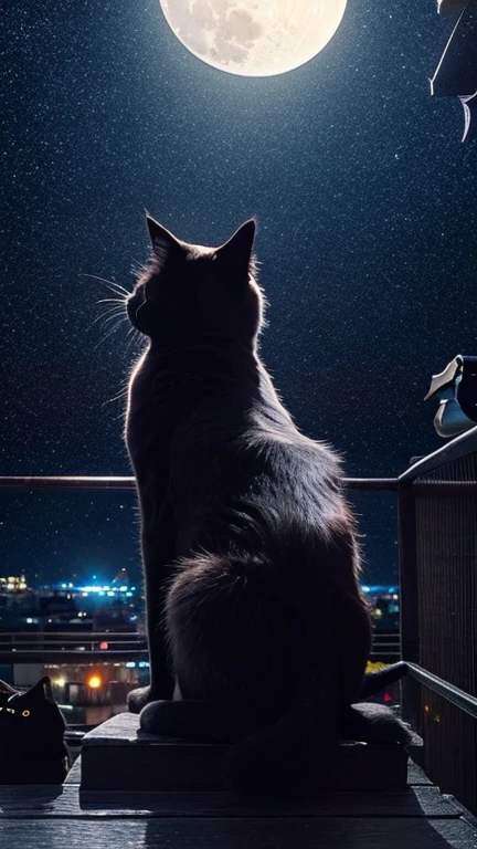 A full moon in a starry sky、Black cat with its back turned、Sitting、A fantastic atmosphere