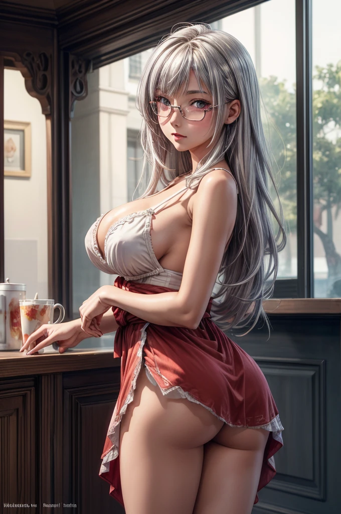 ((Sketch)), ((Watercolor)),((best quality)) ((best quality)), ((masterpiece)), (detailed), HD, Highly Detailed, 4k image, anime style, beautiful young girl, tanned white skin, waist-length silver-red colored hair wirh red highlights at the edges, soft facial features, heterochromatic eyes(left eye: silver)(right eye: red), gothic sundress, cherry red plump lips, large E-cup breasts, short height(150cm). wide hips and large round ass, silver round-frame glasses