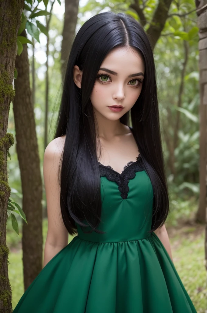 Uma garota anime,50% humana,25% vampira,25% raposa,cabelo vermelho,curto,olhos verde claro,pupila de "gato"just more "arredondado",verde escuro,roupas:uma vestido de festa preto.