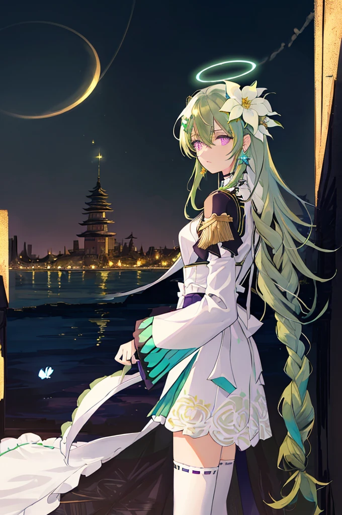 (Masterpiece, Best Quality: 1.4), white Background, Long Hair, Jewelry, Earrings, Necklace, Bride, ((green Hair)), Halo, (Overlook), Dynamic Angle, Ultra Detailed, Illustration, Close Up, Direct Look, 1girl, (Fantasy: 1.4), (Purple Eyes: 1.233), Her Eyes Shine Like Dreamy Stars, (Glow Eyes: 1.233), (Beautiful and Delicate Eyes: 1.1), (green Hair: 1.4), (Messy Hair, Very Long Hair, French braids, hair between the eyes, side hair), (+(white hair flower: 1.14)), (chiffon dress, uniform white flower pattern)/= (military uniform: 1.24), (fingerless gloves), choker, (miko thighhighs), high heeled boots, (expressionless, shut up), (standing), (white flowers, blooming),(Ruins),(Night:1.2),dreamy,Soul,(fluorescent),(Flying Translucent Blue Butterfly:1.15),[Delicate Fingers and Hands:0.55]::0.85], (Finger Detail), (Yubao:0.5),((town background)),((full body)),((turquoise hair)),green hair,((green hair)),night,near the river,Walking in the distance,
