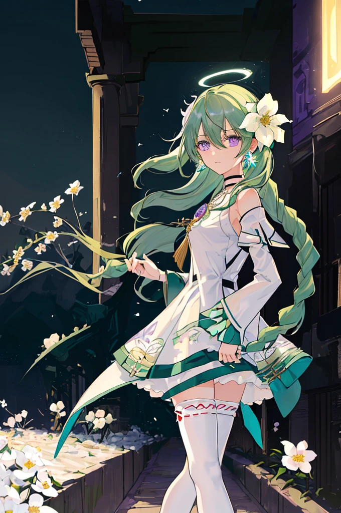(Masterpiece, Best Quality: 1.4), white Background, Long Hair, Jewelry, Earrings, Necklace, Bride, ((green Hair)), Halo, (Overlook), Dynamic Angle, Ultra Detailed, Illustration, Close Up, Direct Look, 1girl, (Fantasy: 1.4), (Purple Eyes: 1.233), Her Eyes Shine Like Dreamy Stars, (Glow Eyes: 1.233), (Beautiful and Delicate Eyes: 1.1), (green Hair: 1.4), (Messy Hair, Very Long Hair, French braids, hair between the eyes, side hair), (+(white hair flower: 1.14)), (chiffon dress, uniform white flower pattern)/= (military uniform: 1.24), (fingerless gloves), choker, (miko thighhighs), high heeled boots, (expressionless, shut up), (standing), (white flowers, blooming),(Ruins),(Night:1.2),dreamy,Soul,(fluorescent),(Flying Translucent Blue Butterfly:1.15),[Delicate Fingers and Hands:0.55]::0.85], (Finger Detail), (Yubao:0.5),((town background)),((full body)),((turquoise hair)),green hair,((green hair)),night,near the river,Walking in the distance,