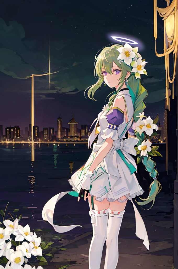 (Masterpiece, Best Quality: 1.4), white Background, Long Hair, Jewelry, Earrings, Necklace, Bride, ((green Hair)), Halo, (Overlook), Dynamic Angle, Ultra Detailed, Illustration, Close Up, Direct Look, 1girl, (Fantasy: 1.4), (Purple Eyes: 1.233), Her Eyes Shine Like Dreamy Stars, (Glow Eyes: 1.233), (Beautiful and Delicate Eyes: 1.1), (green Hair: 1.4), (Messy Hair, Very Long Hair, French braids, hair between the eyes, side hair), (+(white hair flower: 1.14)), (chiffon dress, uniform white flower pattern)/= (military uniform: 1.24), (fingerless gloves), choker, (miko thighhighs), high heeled boots, (expressionless, shut up), (standing), (white flowers, blooming),(Ruins),(Night:1.2),dreamy,Soul,(fluorescent),(Flying Translucent Blue Butterfly:1.15),[Delicate Fingers and Hands:0.55]::0.85], (Finger Detail), (Yubao:0.5),((town background)),((full body)),((turquoise hair)),green hair,((green hair)),night,near the river,Walking in the distance,