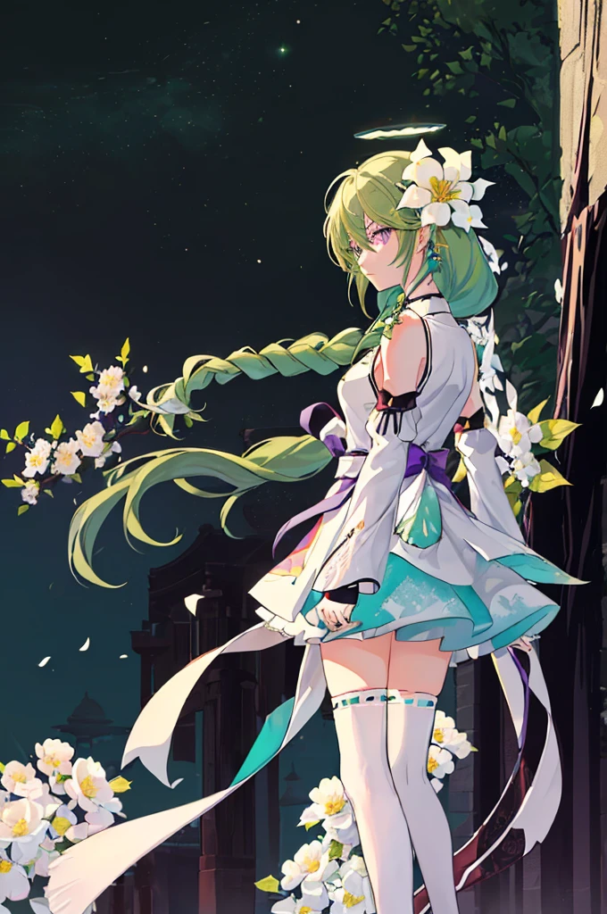(Masterpiece, Best Quality: 1.4), white Background, Long Hair, Jewelry, Earrings, Necklace, Bride, ((green Hair)), Halo, (Overlook), Dynamic Angle, Ultra Detailed, Illustration, Close Up, Direct Look, 1girl, (Fantasy: 1.4), (Purple Eyes: 1.233), Her Eyes Shine Like Dreamy Stars, (Glow Eyes: 1.233), (Beautiful and Delicate Eyes: 1.1), (green Hair: 1.4), (Messy Hair, Very Long Hair, French braids, hair between the eyes, side hair), (+(white hair flower: 1.14)), (chiffon dress, uniform white flower pattern)/= (military uniform: 1.24), (fingerless gloves), choker, (miko thighhighs), high heeled boots, (expressionless, shut up), (standing), (white flowers, blooming),(Ruins),(Night:1.2),dreamy,Soul,(fluorescent),(Flying Translucent Blue Butterfly:1.15),[Delicate Fingers and Hands:0.55]::0.85], (Finger Detail), (Yubao:0.5),((town background)),((full body)),((turquoise hair)),green hair,((green hair)),night,near the river,Walking in the distance,