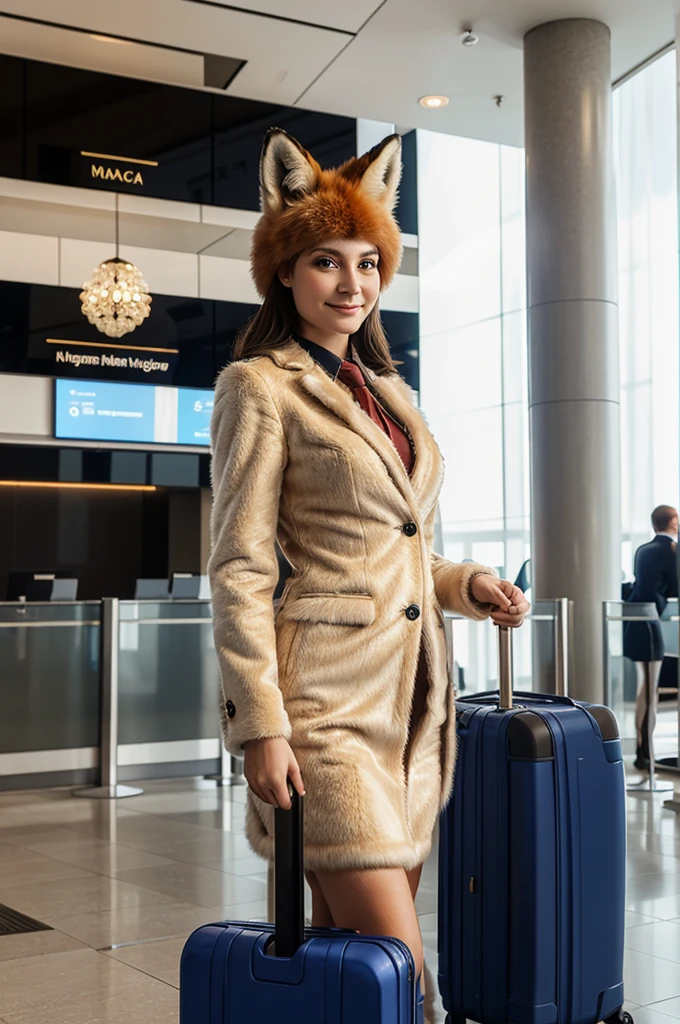masterpiece, Best quality, furry antropomorph fox dressed in Sheremetyevo passenger check-in manager uniform