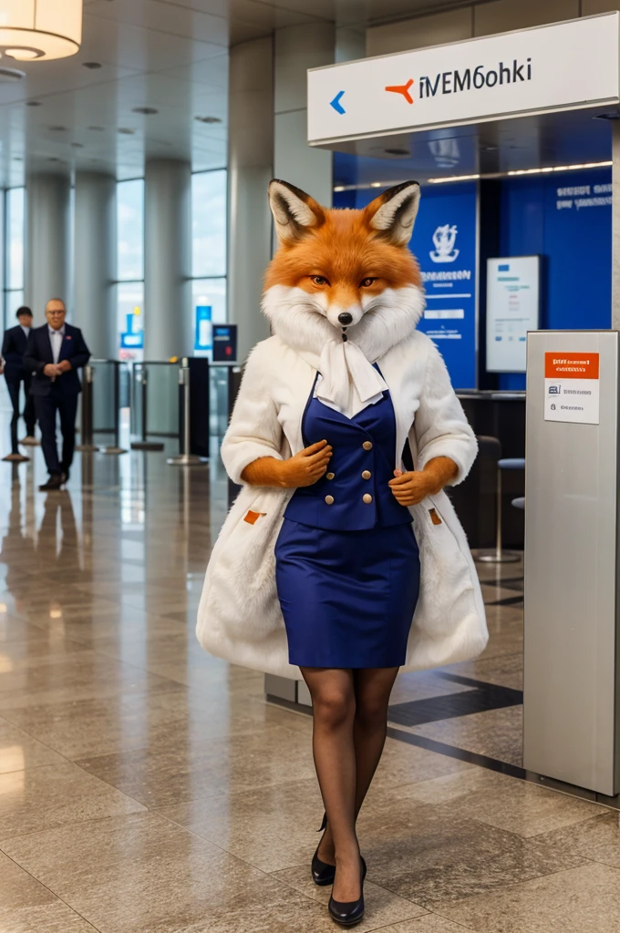 masterpiece, Best quality, furry antropomorph fox dressed in Sheremetyevo passenger check-in manager uniform