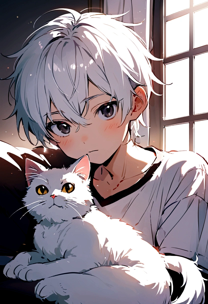 Cute white cat with round black eyes, On the sofa , Sunlight outside the window.Young male