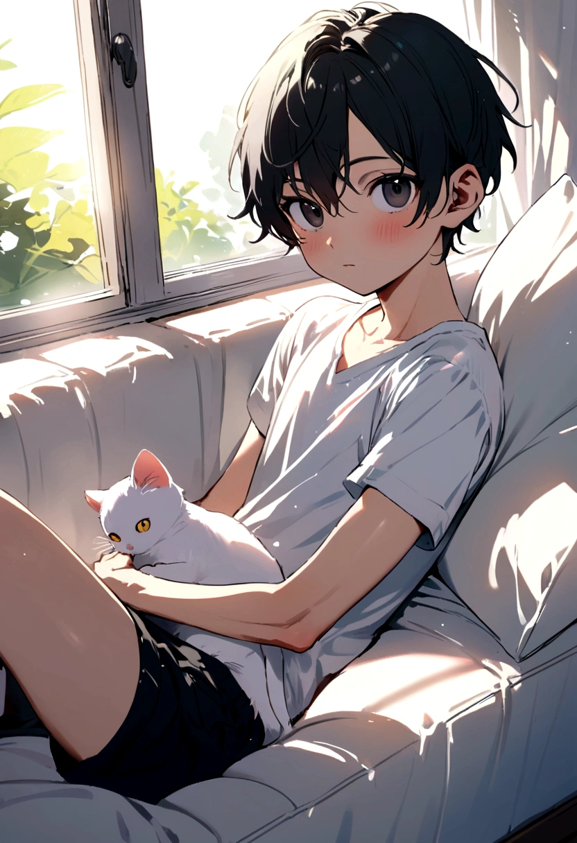 Cute white cat with round black eyes, On the sofa , Sunlight outside the window.Young male