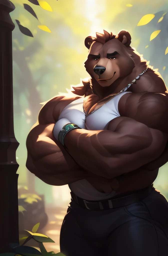 muscular, strong, plump, heavy, bear, short stack, male, arnold schwarzenegger, bodybuilder pose uploaded on e621, (detailed background, depth of field), (intricate:1.1), (high detail:1.2), (soft focus), (masterpiece, best quality, 4k, 2k, shaded, absurd res), by CyanCapsule, by Chunie, by Hallogreen