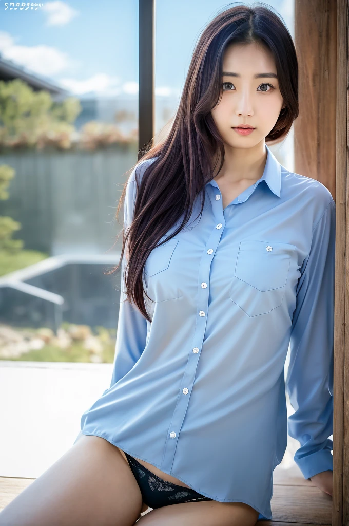 There is a woman wearing a shirt and panties, a Surreal , Just a Skydoll, sakimichan HDRI, Surreal , Yaoi Kasuma, Beasts, Yoshitomo Nara, Realistic young gravure idol, 2 4-year-old female model, Japanese Model