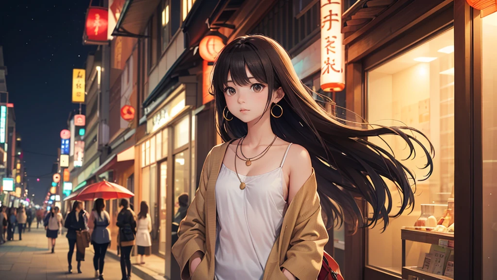 A high-quality, natural photo of a beautiful Japanese teenage girl with a round, youthful face and a healing aura. She has long, silky brown hair and is wearing a beige cardigan over a white camisole. She has a single-point necklace and earrings. The background is a neon-lit night street, and she is looking into the distance with a thoughtful expression. Full body shot.