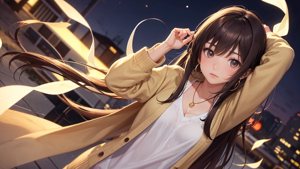 A high-quality, natural photo of a beautiful Japanese teenage girl with a round, youthful face and a healing aura. She has long, silky brown hair and is wearing a beige cardigan over a white camisole. She has a single-point necklace and earrings. The background is a neon-lit night street, and she is looking into the distance with a thoughtful expression. Full body shot.