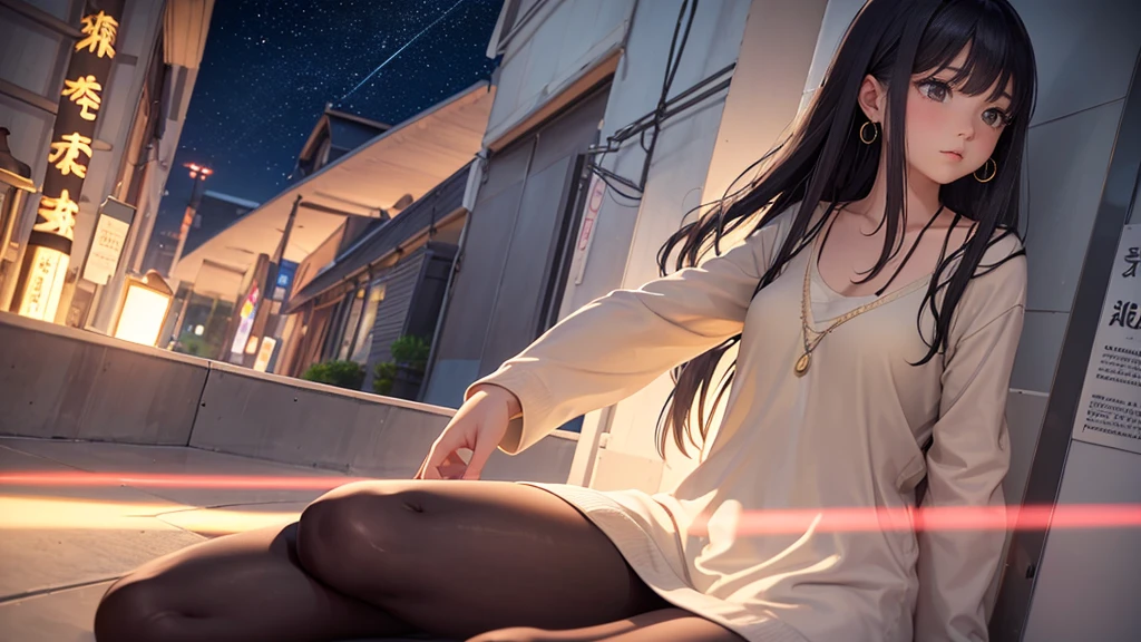 A high-quality, natural photo of a beautiful Japanese teenage girl with a round, youthful face and a healing aura. She has long, silky brown hair and is wearing a beige cardigan over a white camisole. She has a single-point necklace and earrings. The background is a neon-lit night street, and she is looking into the distance with a thoughtful expression. Full body shot.