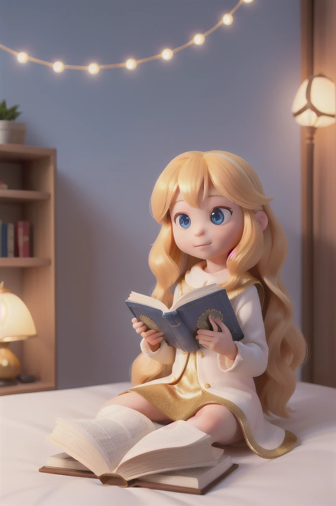 there is a with golden hair with beautiful and big brown eyes with white sparkles, she is in her room, while she is holding a book with a golden cover, she is sitting on the bed, and from the book emanates a golden light (( the book is magic)) the blue light emanates from the pages of the book, ((the blue light reflects on the little girl's face)), the book is color golden, is night and the only light is light from book((,particelle multiple shiny light from book)) ((fluo golden light from pages book)) long hair, she is a 6 years, with a little pizie front here
