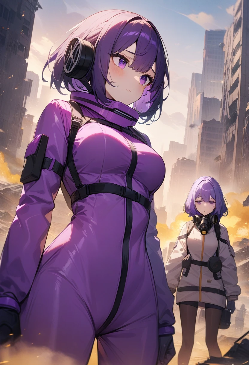 2girls, depressed, medium breasts, puffy short hair, purple hair, purple eyes, gas mask, purple radiation suit, destroyed city, yellow smog, masterpiece quality, ultra HD, 4K, best quality,