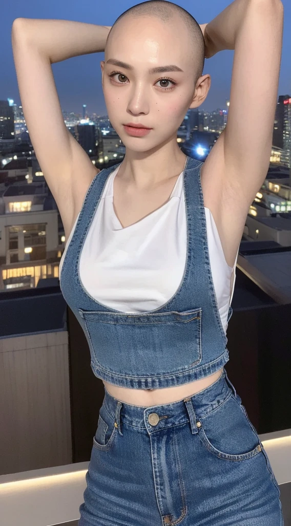 ((Midnight, Best quality, 8k, Masterpiece :1.3)), Whole body, Long legs, Sharp focus :1.2, A pretty woman with perfect figure :1.4, Slender abs :1.1, ((blonde short hair, Big breasts :1.2)), (White tight tshirt, Jean bib, Standing:1.2), ((Night city view, Rooftop:1.3)), Highly detailed face and skin texture, Detailed eyes, Double eyelid, sunset, darken, backlit, off shoulder