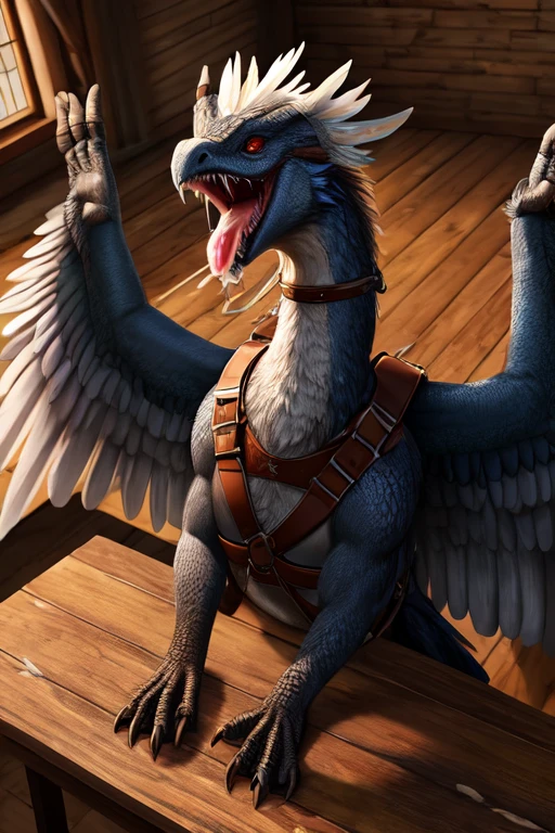 Tiny Dead, feathered wyvern body laying on the table. Wings spread out and Strapped to the table with leather straps. Mouth wide open with no teeth and fangs and tooth. Milk dripping out of mouth splattering onto the table. Milk inside mouth. Photorealistic. Head tied down to the table. Leather harness on head
