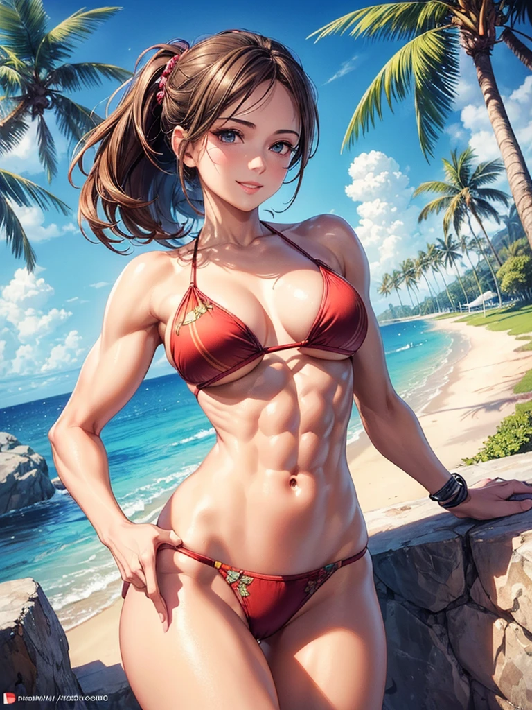 ,(best quality, ultra-detailed, realistic:1.37, masterpiece:1.2), woman, beautiful detailed eyes, beautiful detailed lips, brown hair tied up, smile, bikini, (muscular body:1.1),slim figure, caustics, textile shading, toned body, clean abs, palm trees swaying,