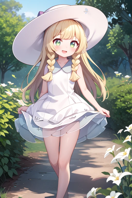 1 girl, masterpiece, top quality, lillie (pokemon), lillie, dress, green eyes, blonde hair, long hair, white dress, blush, white hat, big hat, looking at viewer, , braids, twin braids, blonde, Full body image, outdoors, nature, sky, cute, happy, nice smile, young, bright sunlight, lily flower, have flowers, white lily, (masterpiece:1.2), best quality, high resolution, unity 8k wallpaper, (illustration:0.8), (beautiful detailed eyes:1.6), extremely detailed face, perfect lighting, extremely detailed CG, (perfect hands, perfect anatomy),