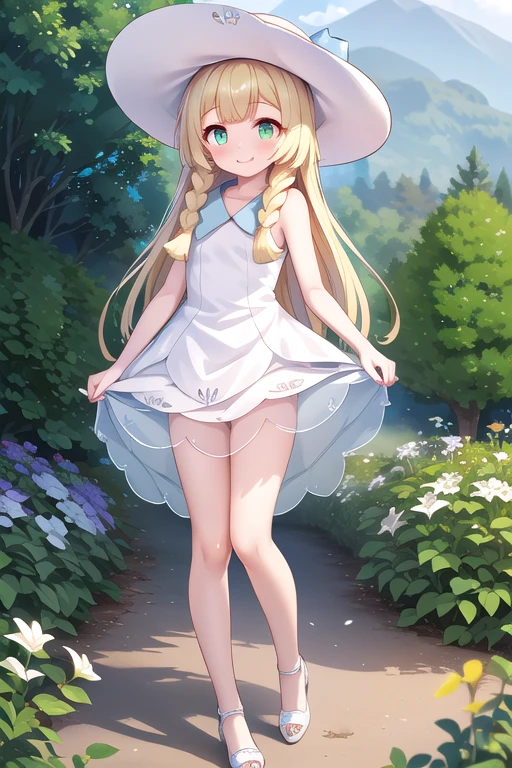 1 girl, masterpiece, top quality, lillie (pokemon), lillie, dress, green eyes, blonde hair, long hair, white dress, blush, white hat, big hat, looking at viewer, 10 years old, braids, twin braids, blonde, Full body image, outdoors, nature, sky, cute, happy, nice smile, young, bright sunlight, lily flower, have flowers, white lily, (masterpiece:1.2), best quality, high resolution, unity 8k wallpaper, (illustration:0.8), (beautiful detailed eyes:1.6), extremely detailed face, perfect lighting, extremely detailed CG, (perfect hands, perfect anatomy),