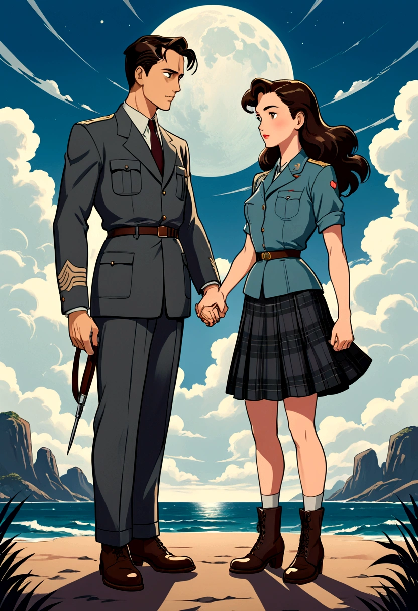 Name "Uranus 2324 (Sarocha Chankimha & Rebecca Armstrong)" in a strong, 1940s war-style font to an anime illustration-style image in which two women in love are seen, sadly holding hands; One is a beautiful Asian woman with long, dark hair, who is dressed in a gray shirt and dark 40s style pants and dark boots, who is facing another beautiful woman with British features and brown hair who is wearing a suit. Dark plaid skirt and jacket from the 40s. In the image you feel the sadness and uncertainty about the future of their love. At the bottom of the image the following phrase reads "I came to this world...because I don't want to lose you anymore" in a 40s style font