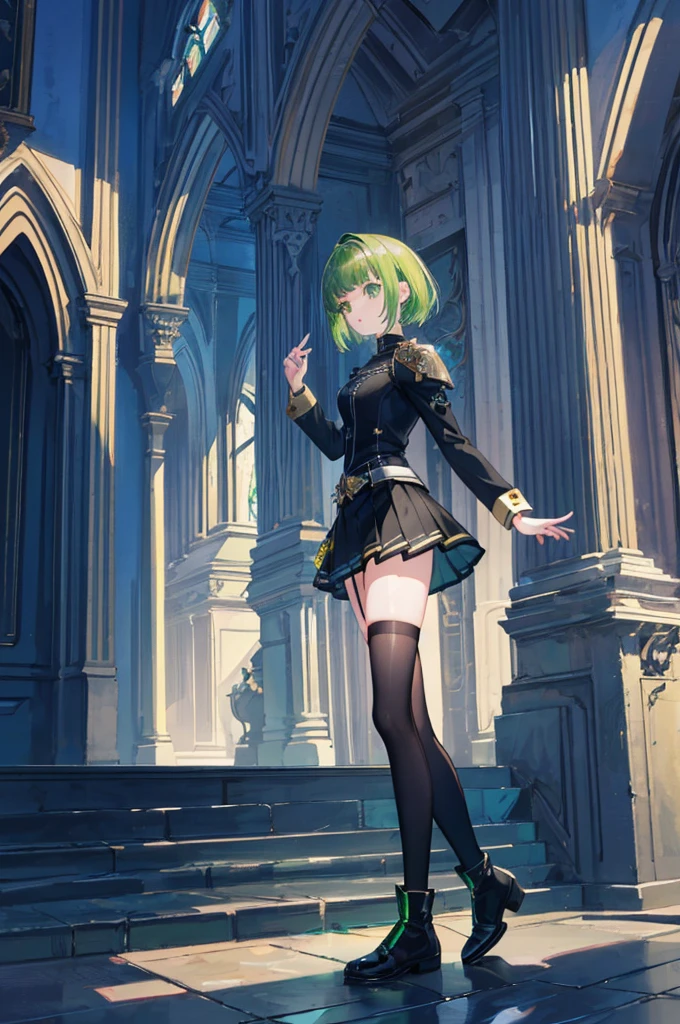 [(with a cathedral background:1.4)::5],original,(shape:1.1),(highest quality),(Tabletop:1.1),(Highly detailed CG Unity 8k wallpaper:1.1), (colorful:0.9),(Mid Shot:0.95),(very detailed beautiful whole body),Dynamic Angle,(alone:1.2), (girl),(((Adult))), (Beautiful eyes in every detail:1.15), (Beautiful Face:1.15), (Glowing green eyes:1.25////),(Gemstone Eyes),(Green Short Hair),(Blunt bangs),((The girl wear a black knight uniform)),Realistic,, girl,Green Hair,((Black long boots)), Black mini skirt,Black knee socks(rage),(Contempt and contempt),rage,(beautiful slender girl),((Adult)),((whole body)),Valkyrie, Decorations,((Thin legs)),((slender girl)),Front Angle,Front Angle,