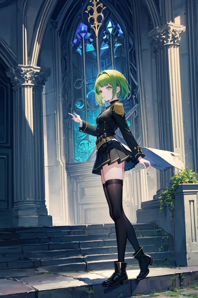[(with a cathedral background:1.4)::5],original,(shape:1.1),(highest quality),(Tabletop:1.1),(Highly detailed CG Unity 8k wallpaper:1.1), (colorful:0.9),(Mid Shot:0.95),(very detailed beautiful whole body),Dynamic Angle,(alone:1.2), (girl),(((Adult))), (Beautiful eyes in every detail:1.15), (Beautiful Face:1.15), (Glowing green eyes:1.25////),(Gemstone Eyes),(Green Short Hair),(Blunt bangs),((The girl wear a black knight uniform)),Realistic,, girl,Green Hair,((Black long boots)), Black mini skirt,Black knee socks(rage),(Contempt and contempt),rage,(beautiful slender girl),((Adult)),((whole body)),Valkyrie, Decorations,((Thin legs)),((slender girl)),Front Angle,Front Angle,