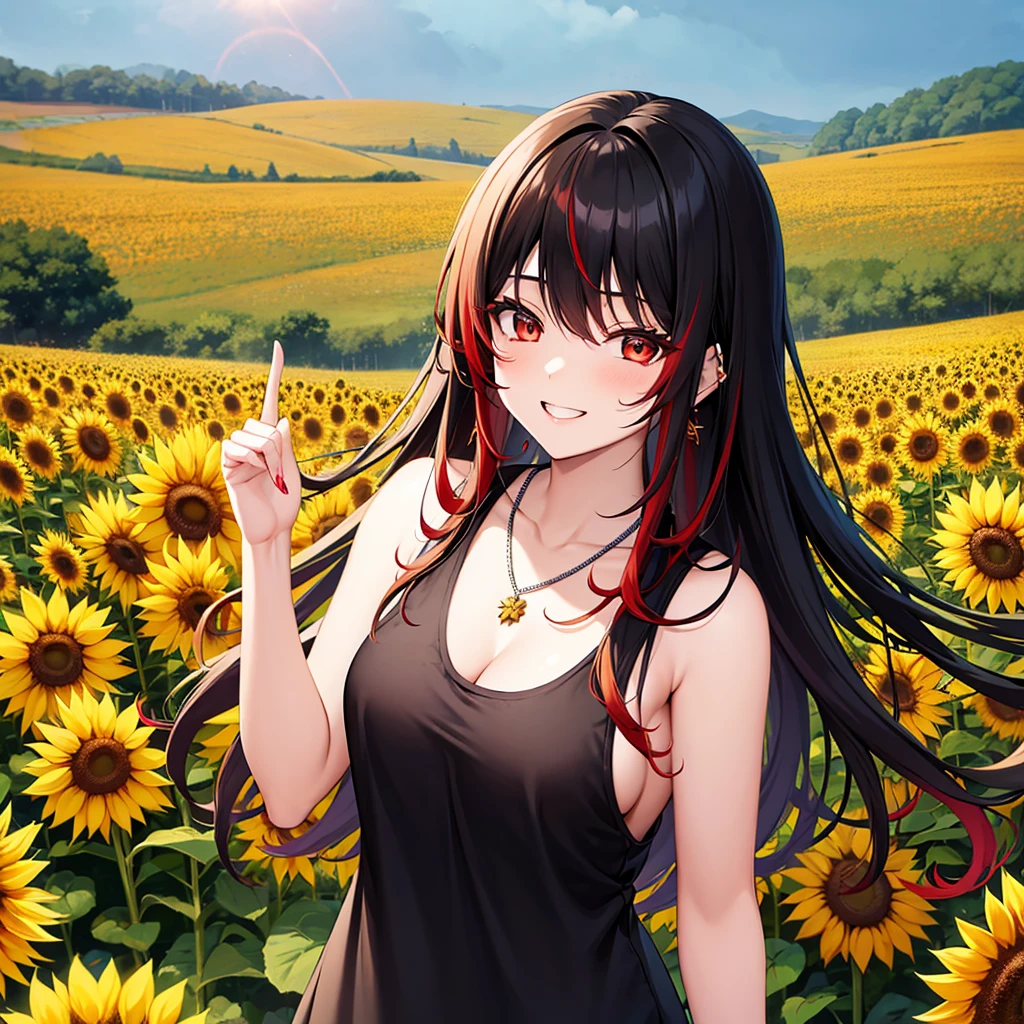 anime panel, upper body , one woman, Korean, long black curly hair with red highlights, red, slanted eyes, casual clothes, black tank top, ear piercing, necklace, hair illuminated by sunlight, background sunflower field, smiling showing teeth, half-closed eyes, blushing,holding a sunflower,