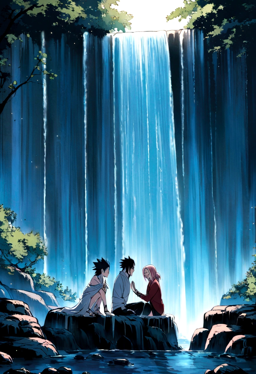 Naruto style illustration, Sakura Haruno and Sasuke Uchiha bathing under a waterfall