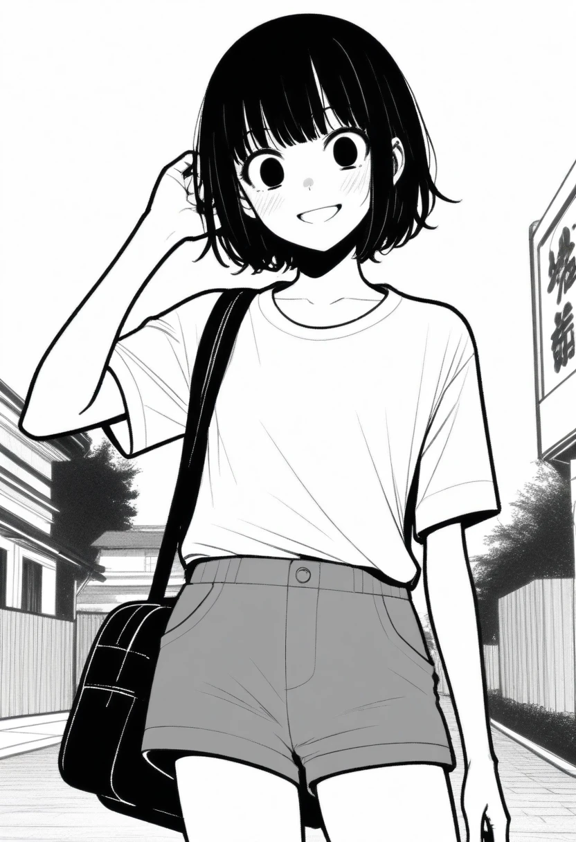 masterpiece, best quality, 1girl, mamerakkkkko, grayscale, manga style, japanese, chi no wadachi, black eyes, street, iced, black hair, schoolbag, smile, lineart, white background, white shirt, grey shorts, centered