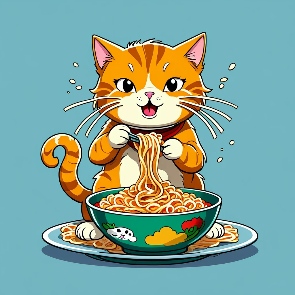 Cat eating instant noodles, comics style illustration, oversimplified, simple background, 2d, 