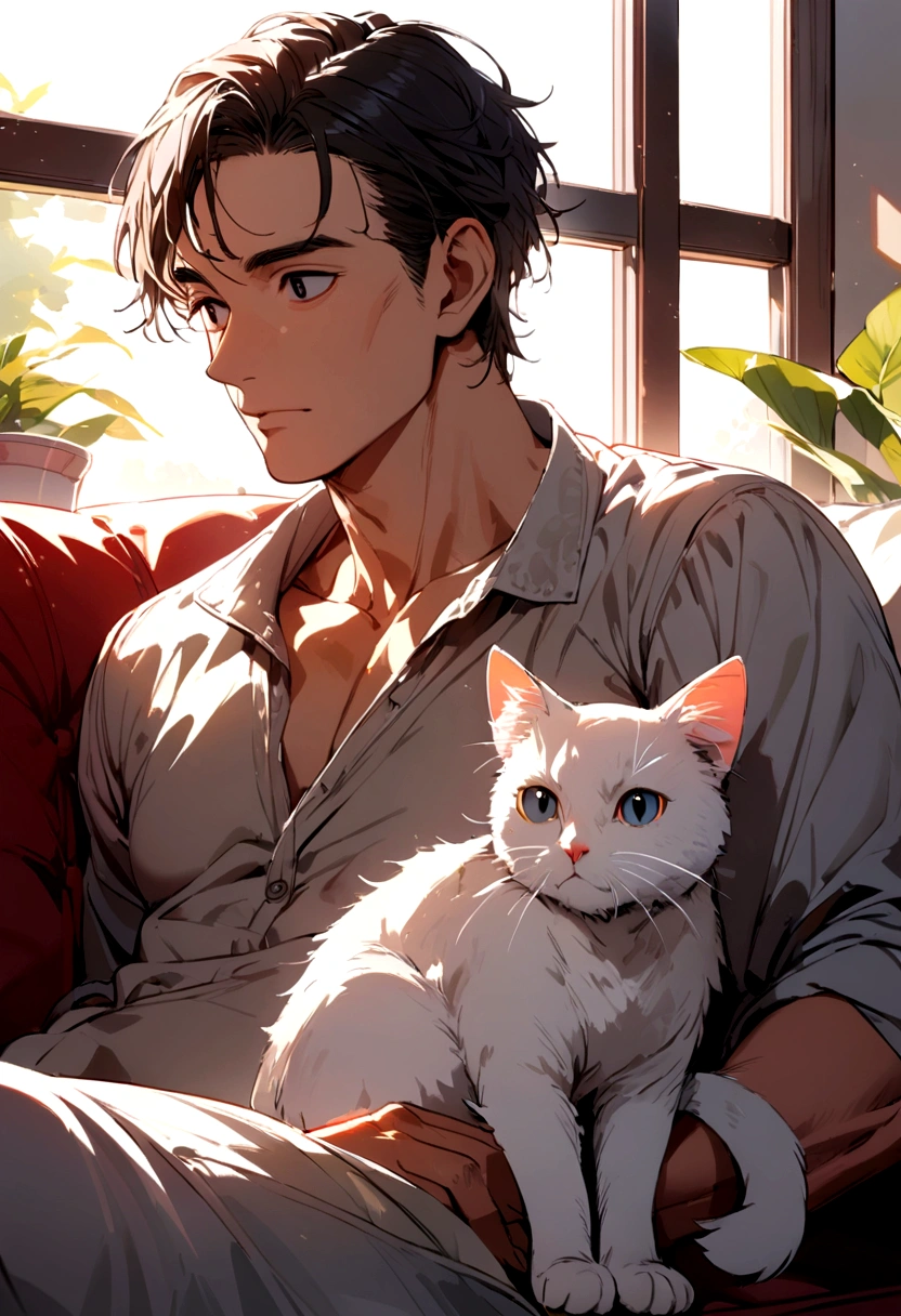 Cute white cat with round black eyes, On the sofa , Sunlight outside the window.Adult man
