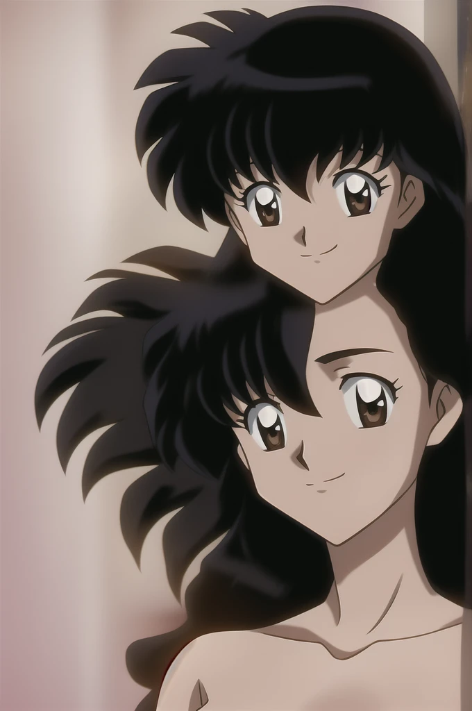 kagome, 1girl, solo, long_hair, looking_at_viewer, smile, short_hair, bangs, shirt, black_hair, hair_between_eyes, brown_eyes, closed_mouth,light_smile, portrait, style_parody, official_style, (completely nude:1.2),