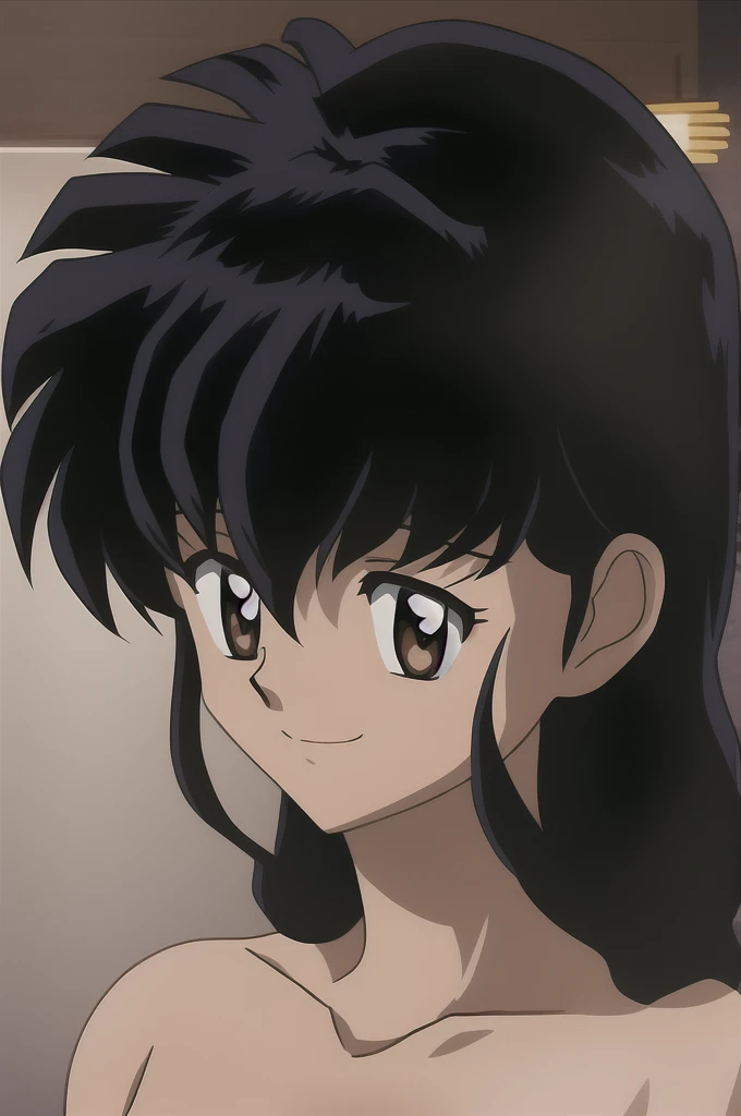 kagome, 1girl, solo, long_hair, looking_at_viewer, smile, short_hair, bangs, shirt, black_hair, hair_between_eyes, brown_eyes, closed_mouth,light_smile, portrait, style_parody, official_style, (completely nude:1.2),