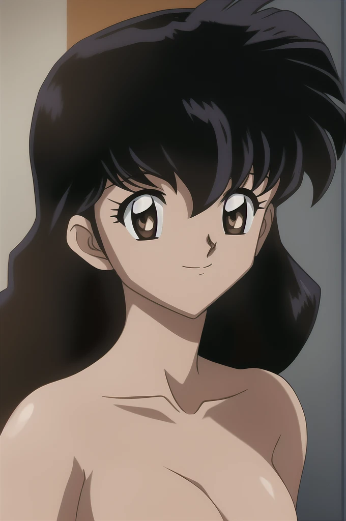 kagome, 1girl, solo, long_hair, looking_at_viewer, smile, short_hair, bangs, shirt, black_hair, hair_between_eyes, brown_eyes, closed_mouth,light_smile, portrait, style_parody, official_style, (completely nude:1.2),