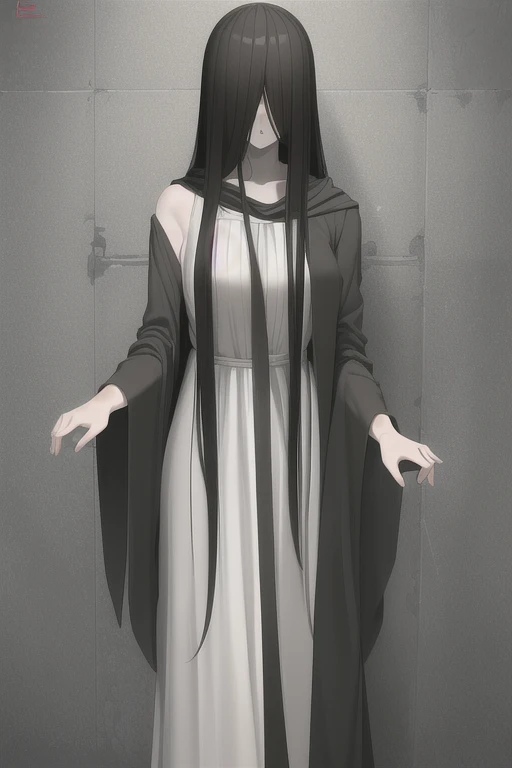 ((masterpiece)), (best quality), (absurdres), black hair, yamamura_sadako, (black obi), (grey skin), hair over eyes, eyes covered, looking at viewer, dress, cloak, long sleeves, long dress, 
