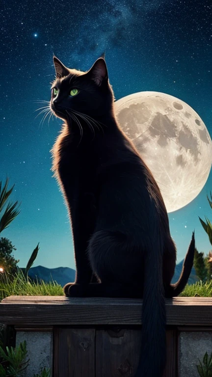 A full moon in a starry sky、Black cat with its back turned、Sitting、Fantasy