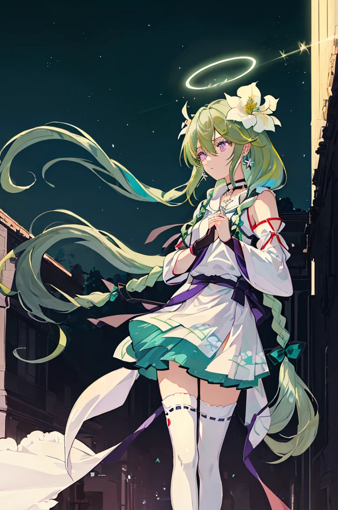 (Masterpiece, Best Quality: 1.4), white Background, Long Hair, Jewelry, Earrings, Necklace, Bride, ((green Hair)), Halo, (Overlook), Dynamic Angle, Ultra Detailed, Illustration, Close Up, Direct Look, 1girl, (Fantasy: 1.4), (Purple Eyes: 1.233), Her Eyes Shine Like Dreamy Stars, (Glow Eyes: 1.233), (Beautiful and Delicate Eyes: 1.1), (green Hair: 1.4), (Messy Hair, Very Long Hair, French braids, hair between the eyes, side hair), (+(white hair flower: 1.14)), (chiffon dress, uniform white flower pattern)/= (military uniform: 1.24), (fingerless gloves), choker, (miko thighhighs), high heeled boots, (expressionless, shut up), (standing), (white flowers, blooming),(Ruins),(Night:1.2),dreamy,Soul,(fluorescent),(Flying Translucent Blue Butterfly:1.15),[Delicate Fingers and Hands:0.55]::0.85], (Finger Detail), (Yubao:0.5),((town background)),((full body)),((turquoise hair)),green hair,((green hair)),night,near the river,Walking in the distance,