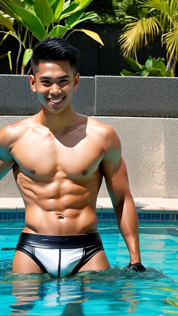 An 23-year-old philippines muscular male model, a handsome hunk with messy short flat hair, smiling at the camera, with well-developed muscles and a strong body. He was naked, wearing a tight black leather thong with a bulging crotch, exposed pubic hair and a serious look on his face. Standing in the swimming pool, he had handsome features and a delicate face. On his body, he has a naturally tall and straight figure, a handsome face, exquisite and beautiful details, a cute face, bright skin, a beautiful and harmonious face, beautiful and harmonious eyes, 8K, high quality, masterpiece
