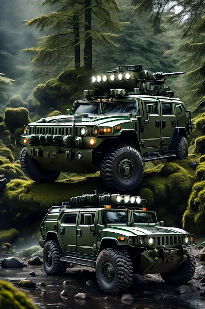 mossy waterfall in background with military car in foreground conifer forest hh3