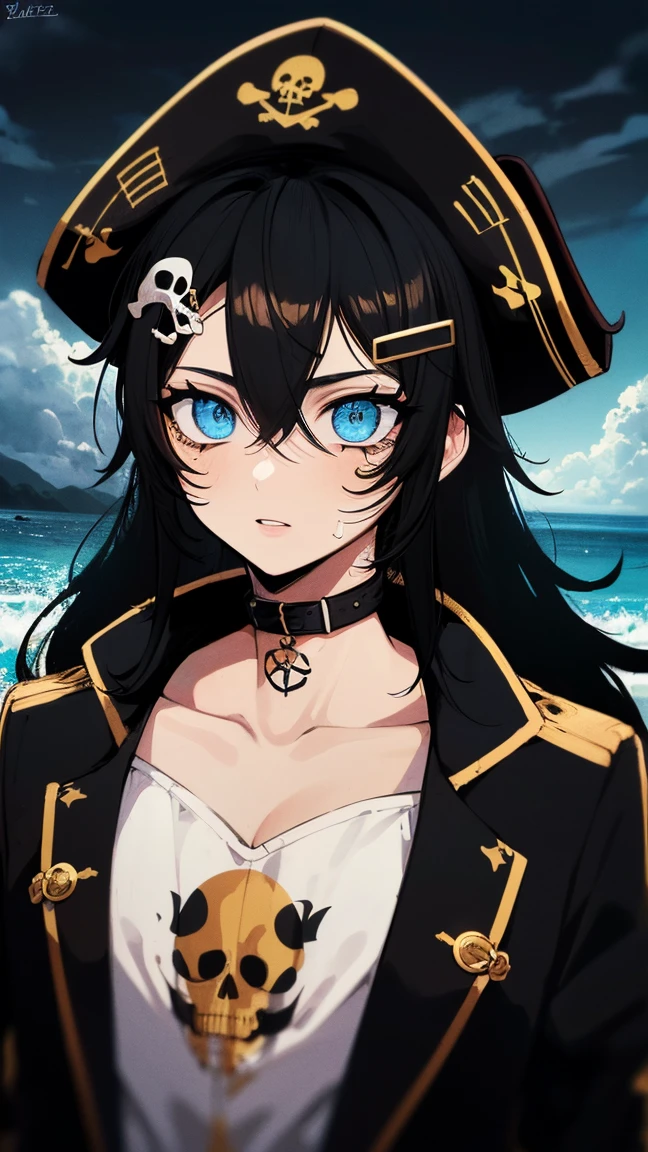 (melhor qualidade,4K,8K,high resolution,Obra de arte:1.2),ultra-detalhado,cabelo preto longo,lindos olhos detalhados,fleshy lips,olhar penetrante,confident expression,pirate hat with skull and crossbones,leather jacket with gold buttons,Brincos Dourados,espada pirata,navio em segundo plano,ondas do mar batendo contra o navio,stormy sky,corajoso e realista,high contrast lighting,sombras e realces fortes,dramatic atmosphere,tons de cores quentes,mal-humorado e intenso,Aventura Swashbuckling