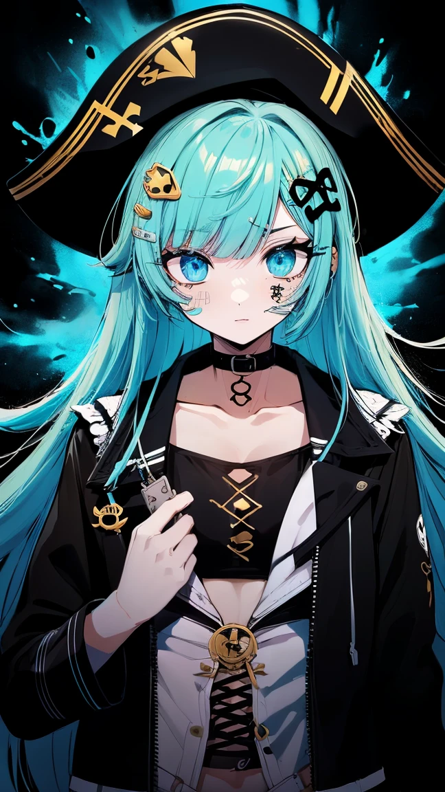 (melhor qualidade,4K,8K,high resolution,Obra de arte:1.2),ultra-detalhado,cabelo preto longo,lindos olhos detalhados,fleshy lips,olhar penetrante,confident expression,pirate hat with skull and crossbones,leather jacket with gold buttons,Brincos Dourados,espada pirata,navio em segundo plano,ondas do mar batendo contra o navio,stormy sky,corajoso e realista,high contrast lighting,sombras e realces fortes,dramatic atmosphere,tons de cores quentes,mal-humorado e intenso,Aventura Swashbuckling
