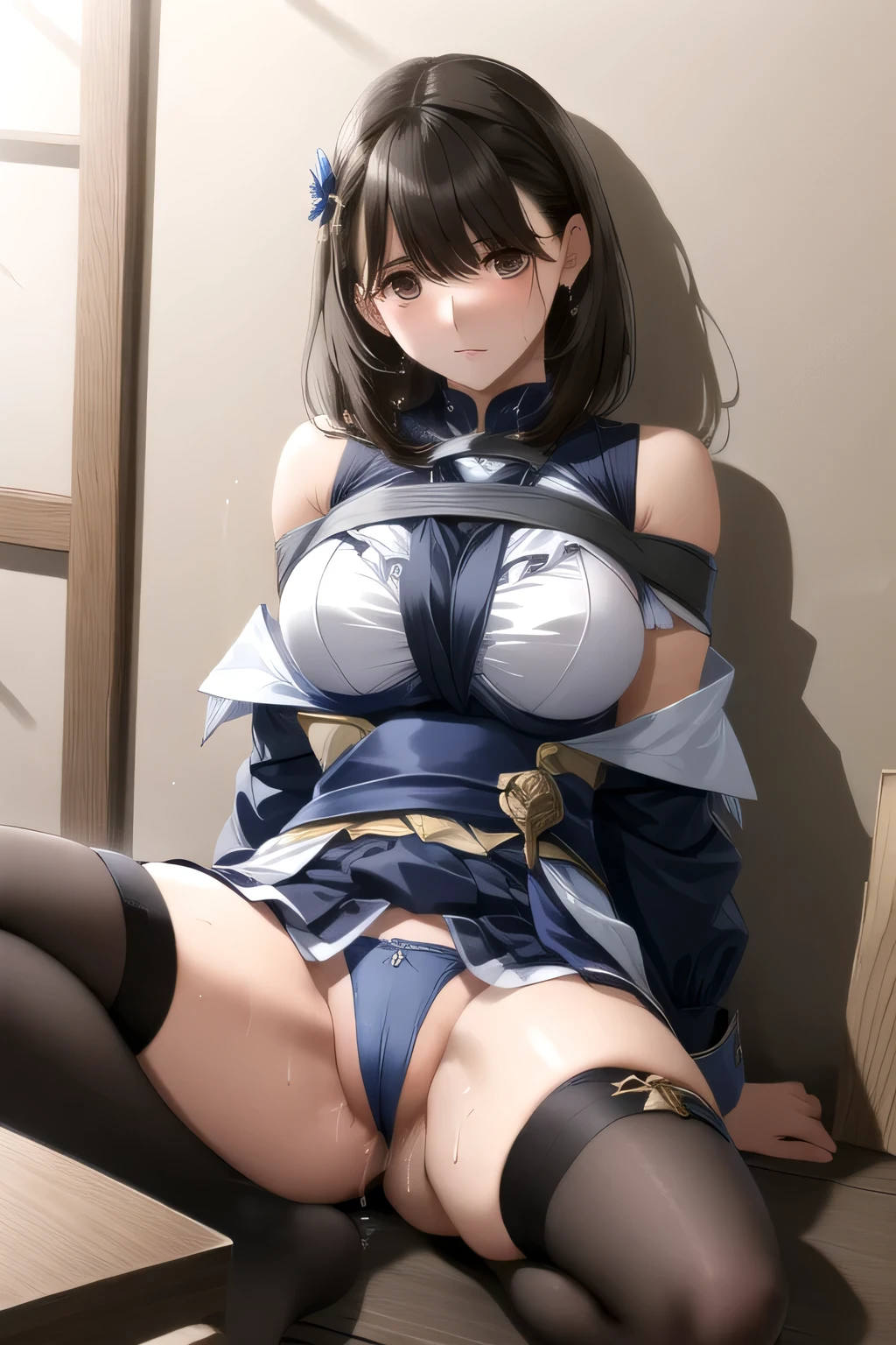 (Browsing Caution:1.4)、(masterpiece, Highest quality), Intricate details,(summer、grassland)、(Blue and golden armor、Broken Armor、Broken Sword、hair ornaments、Torn tights)、(Black Hair) One Woman、(Clothes get torn)、(20-year-old female), surrounded by bearded man, Torn clothes, Blood,(Three Men)、A man grabs his waist、Bearded man grabs chest、Bearded man hugging、Bearded man grabbing his arm、Bearded man grabs his leg、Two men and a woman having sex、M-shaped foot、(cry、The dick goes in between my legs)、sword、Holding a stick、Fight、Tying your hands、Tie your chest with rope、Prisoner、Imprisonment、(Excessive 、Cum on body:1.2、Cum in pussy)、(Browsing Caution),(Two men and one woman,Have sex),(Blood comes out from the groin、 comes out of the crotch)、Bearded man lifts woman、(cry:1.2)、(Holding a long Japan sword、A Japanese sword with a white handle)、(doggiestyle)、(Clothes get torn:1.2)、(ekiben:1.2)、(Hands behind back、Tied up with cloth rope)